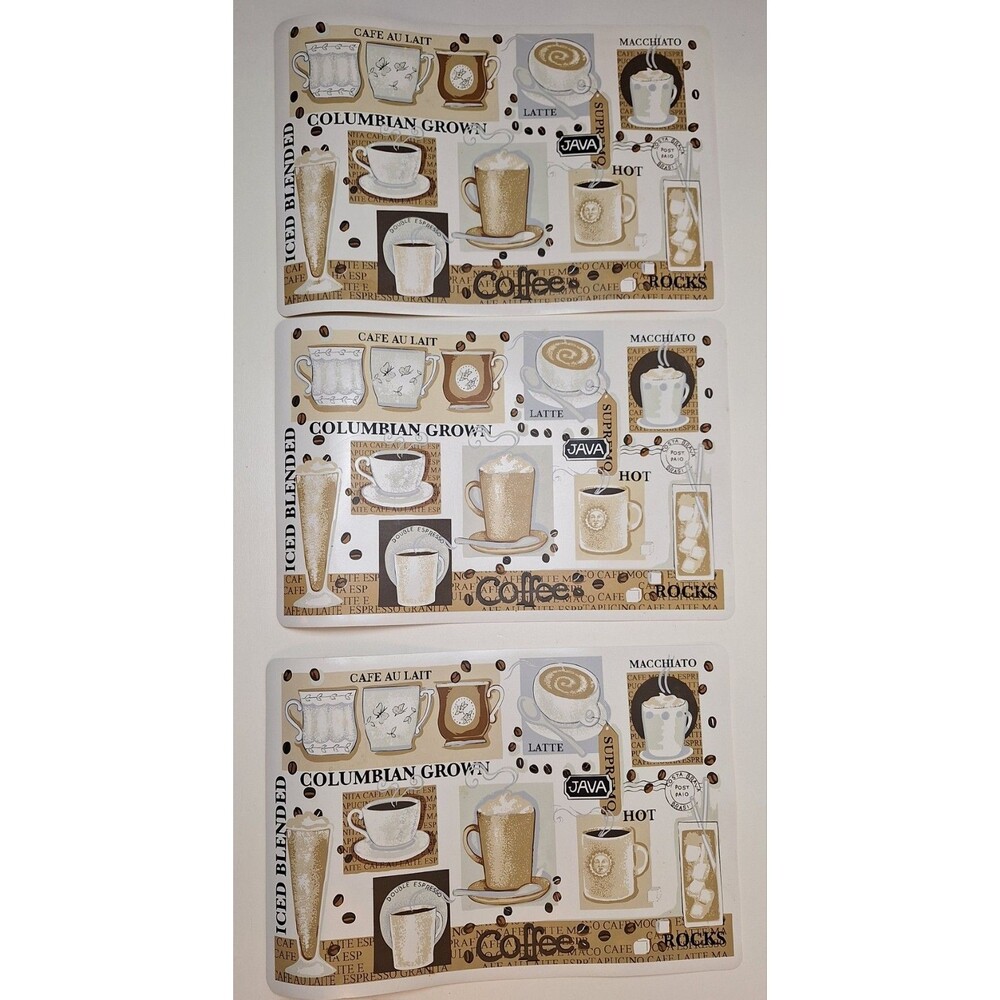 3 Vinyl Coffee Java Placemats-Vintage K-Mart Essential Home-Brown/Wht-Wipe Clean
